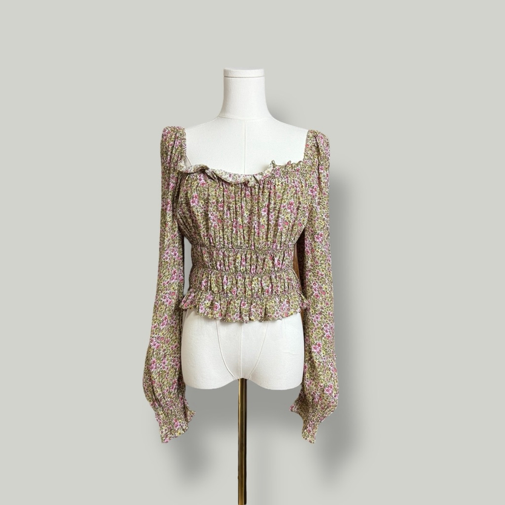 H&M Floral Top Women Size Large Longsleeves Puff Sleeves Detail Prairie Ditsy - Picture 2 of 15